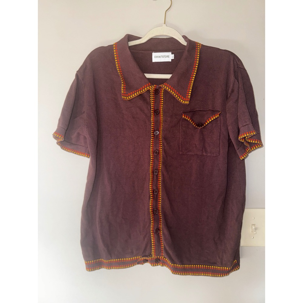 OXKNITSTORE Mens Knit Button Down Shirt Burgundy Cotton Retro Trim Large